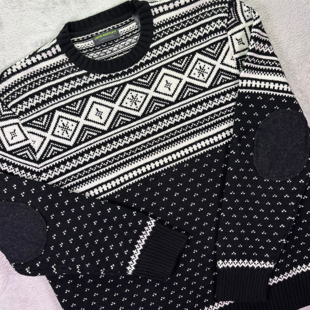 John Bartlett Mens Sweater Size XL Black White Fair Isle Elbow Patches Consensus